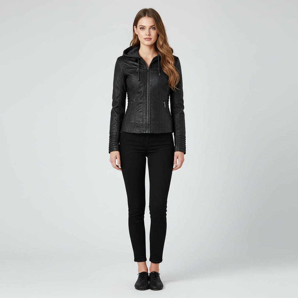 Women's Stylish Hooded Leather Jacket Double Lining Fashion - Rebooters