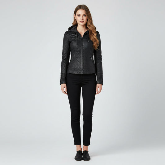 Women's Stylish Hooded Leather Jacket Double Lining Fashion - Rebooters