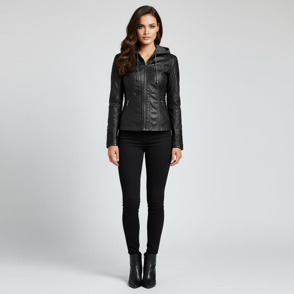 Women's Stylish Hooded Leather Jacket Double Lining Fashion - Rebooters