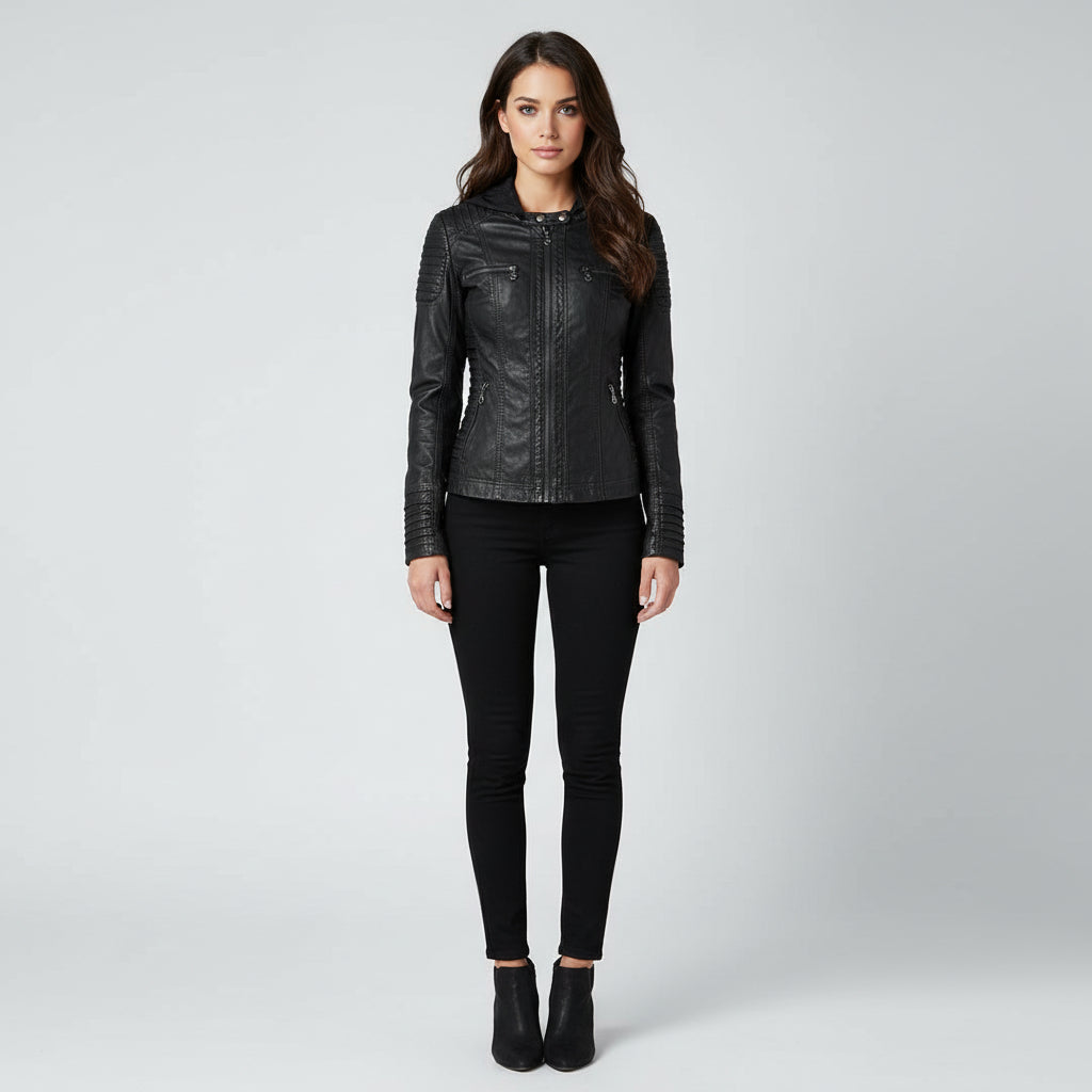 Women's Stylish Hooded Leather Jacket Double Lining Fashion - Rebooters