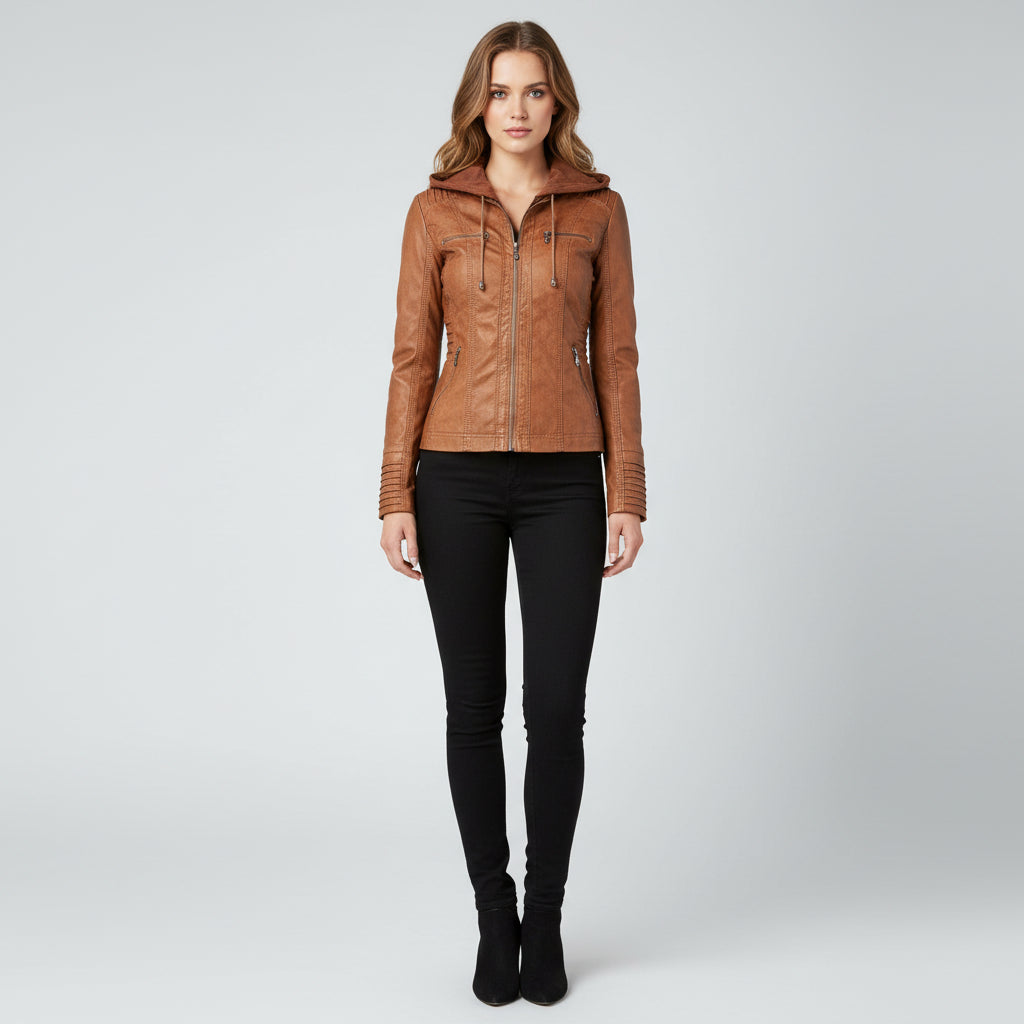 Women's Stylish Hooded Leather Jacket Double Lining Fashion - Rebooters