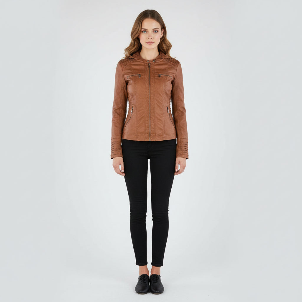 Women's Stylish Hooded Leather Jacket Double Lining Fashion - Rebooters