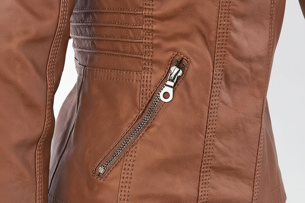 Women's Stylish Hooded Leather Jacket Double Lining Fashion - Rebooters