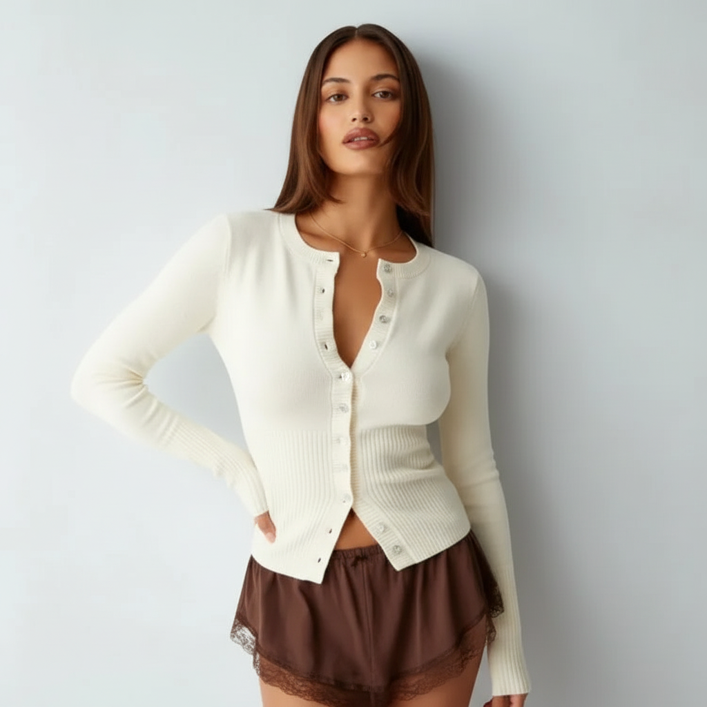 Womens Chic Fitted Pink Ribbed Cardigan for Effortless Style - Rebooters