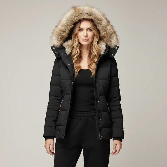 Black puffer jacket with fur-lined hood worn by a model on a white background