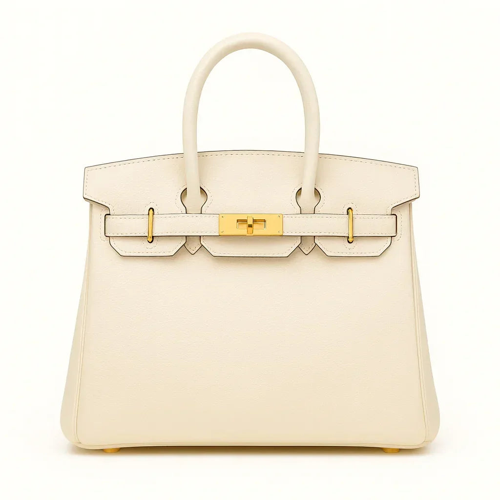 Women's genuine leather tote bag in beige with gold hardware on white background