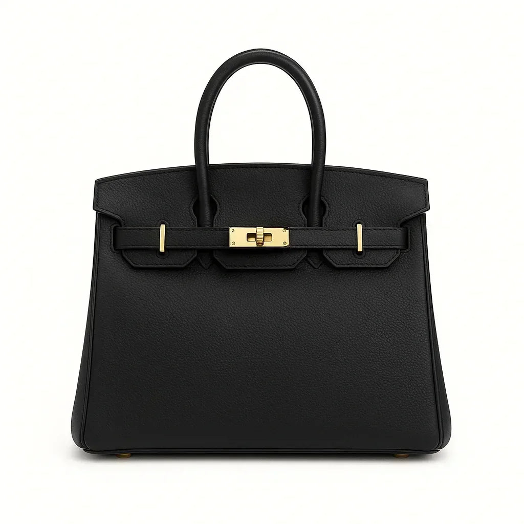 Black genuine leather tote bag with gold hardware on white background