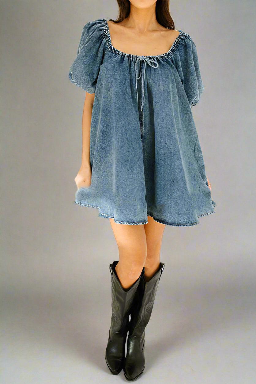 Vada Womens Puff Sleeve Denim Mini Dress, - Rebooters -Women's Dresses