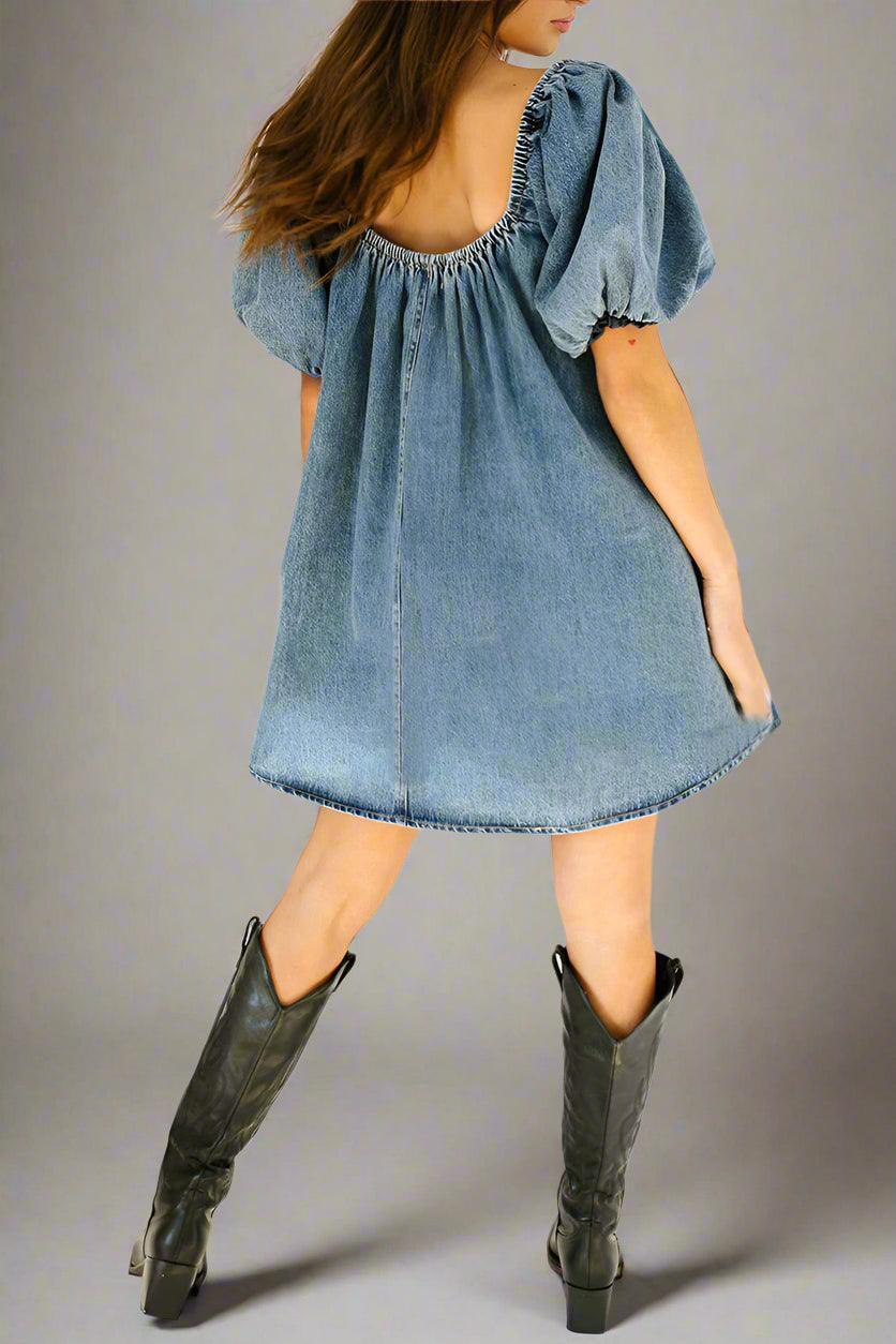 Vada Womens Puff Sleeve Denim Mini Dress, - Rebooters -Women's Dresses