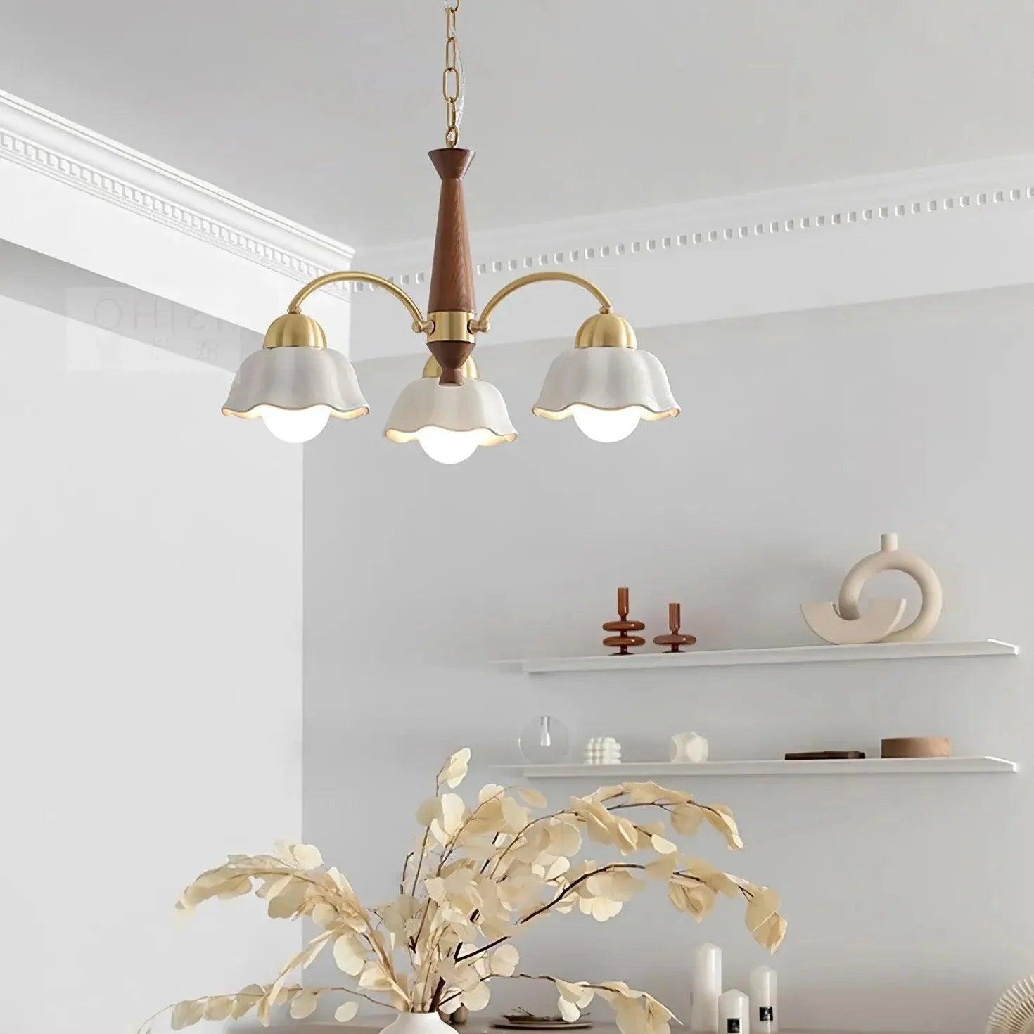 Flower-Shaped White Shade Vintage Wooden Chandelier Pendant | Rebooters - Rebooters
