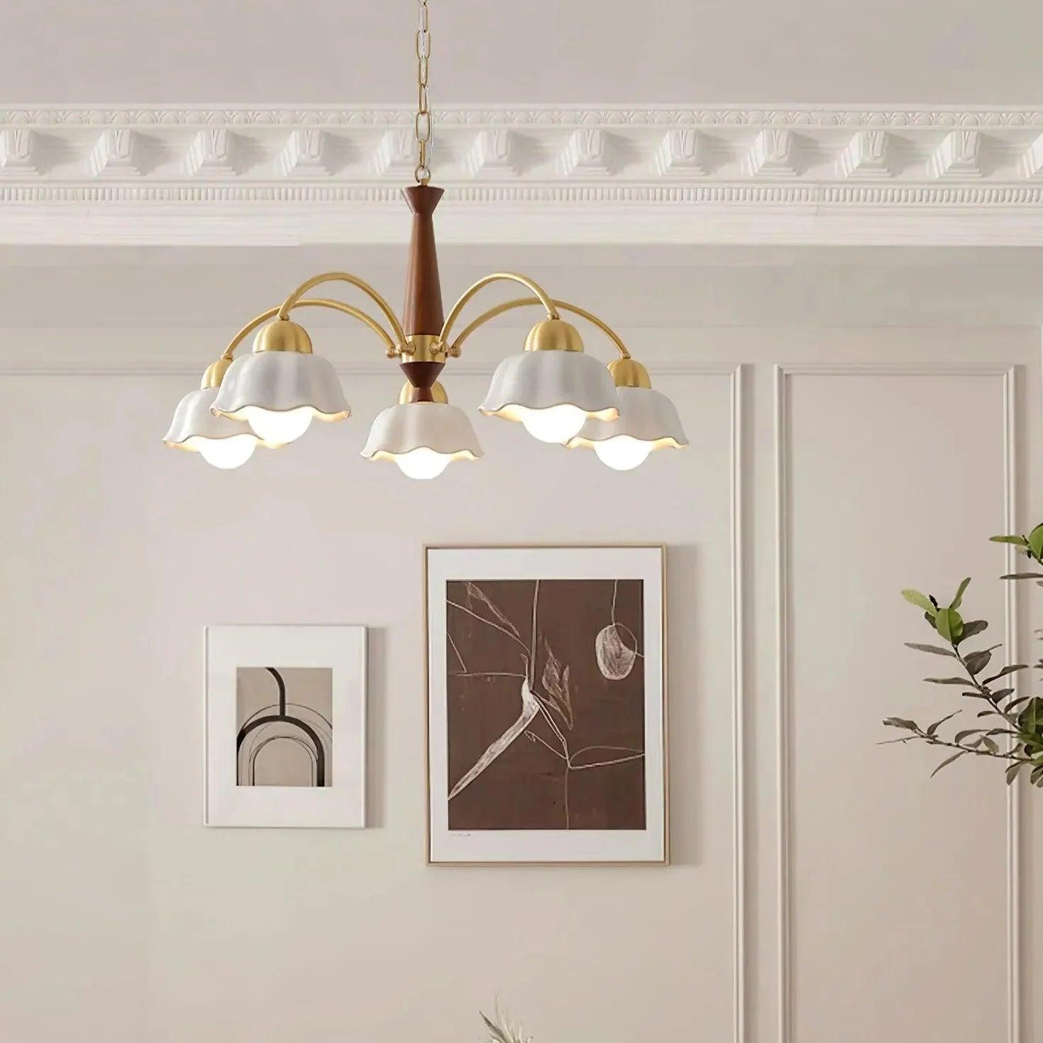 Flower-Shaped White Shade Vintage Wooden Chandelier Pendant | Rebooters - Rebooters