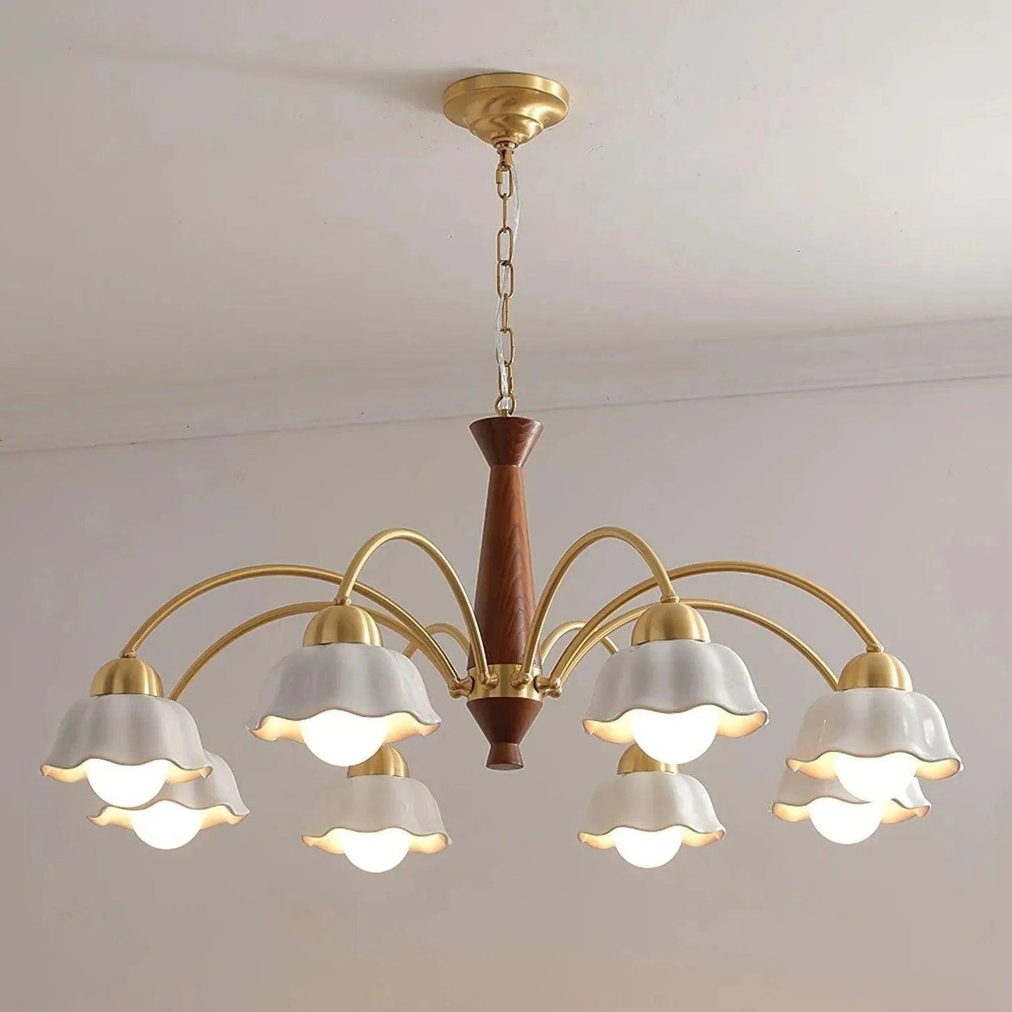Flower-Shaped White Shade Vintage Wooden Chandelier Pendant | Rebooters - Rebooters