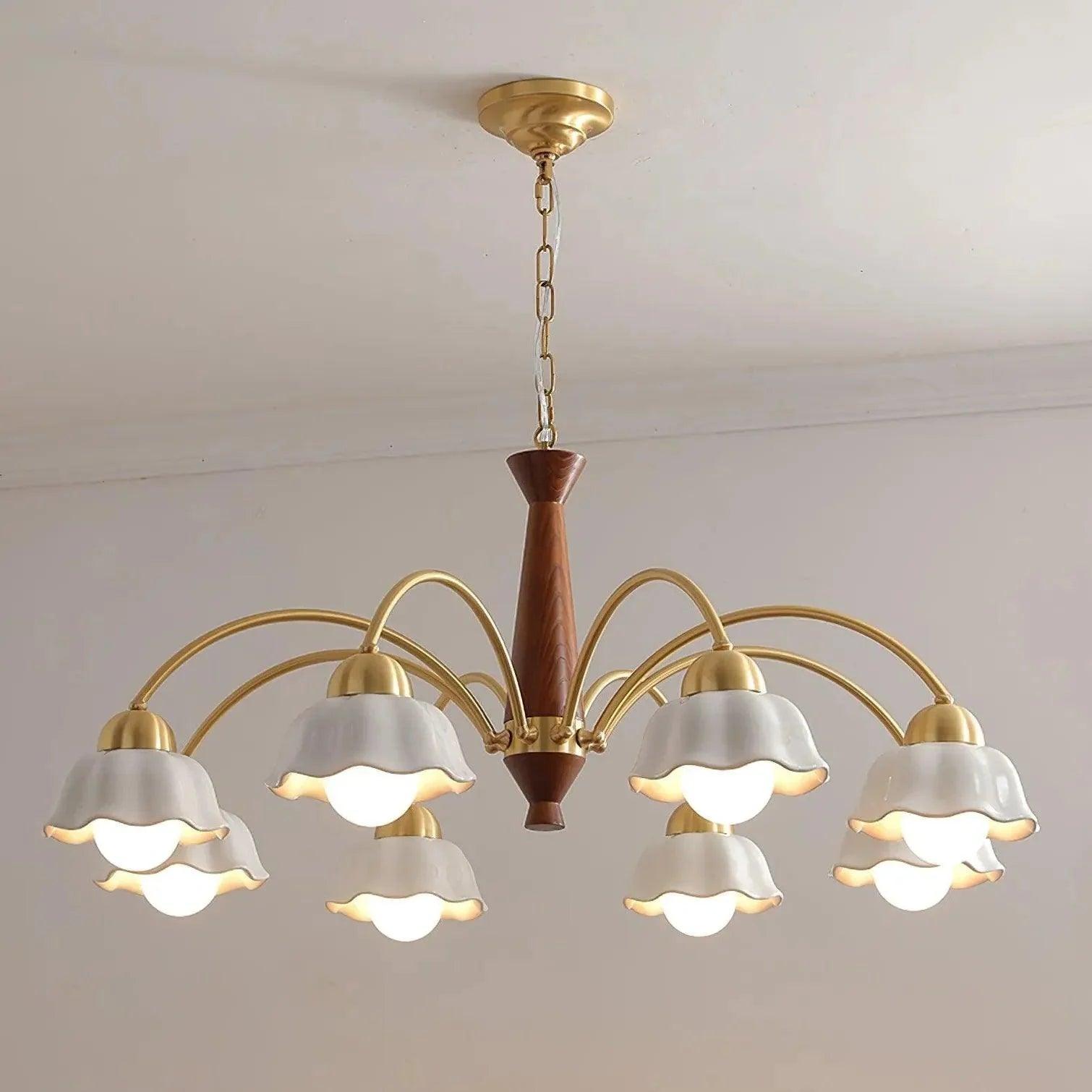 Flower-Shaped White Shade Vintage Wooden Chandelier Pendant | Rebooters - Rebooters