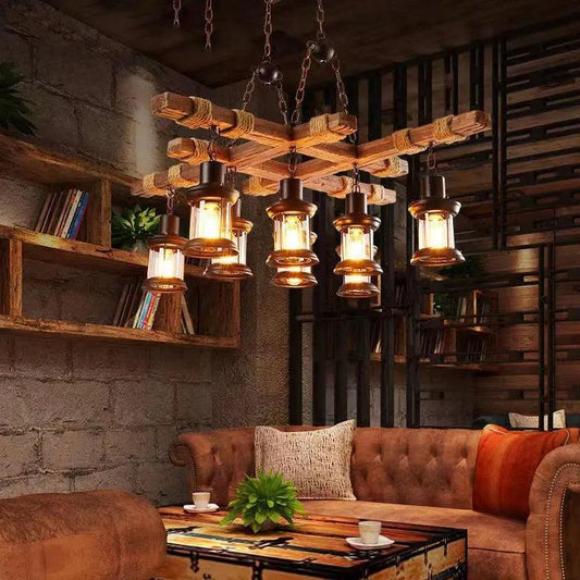 Fence Kerosene Lamp Industrial Wooden Chandelier 8 Bulbs | Rebooters - Rebooters