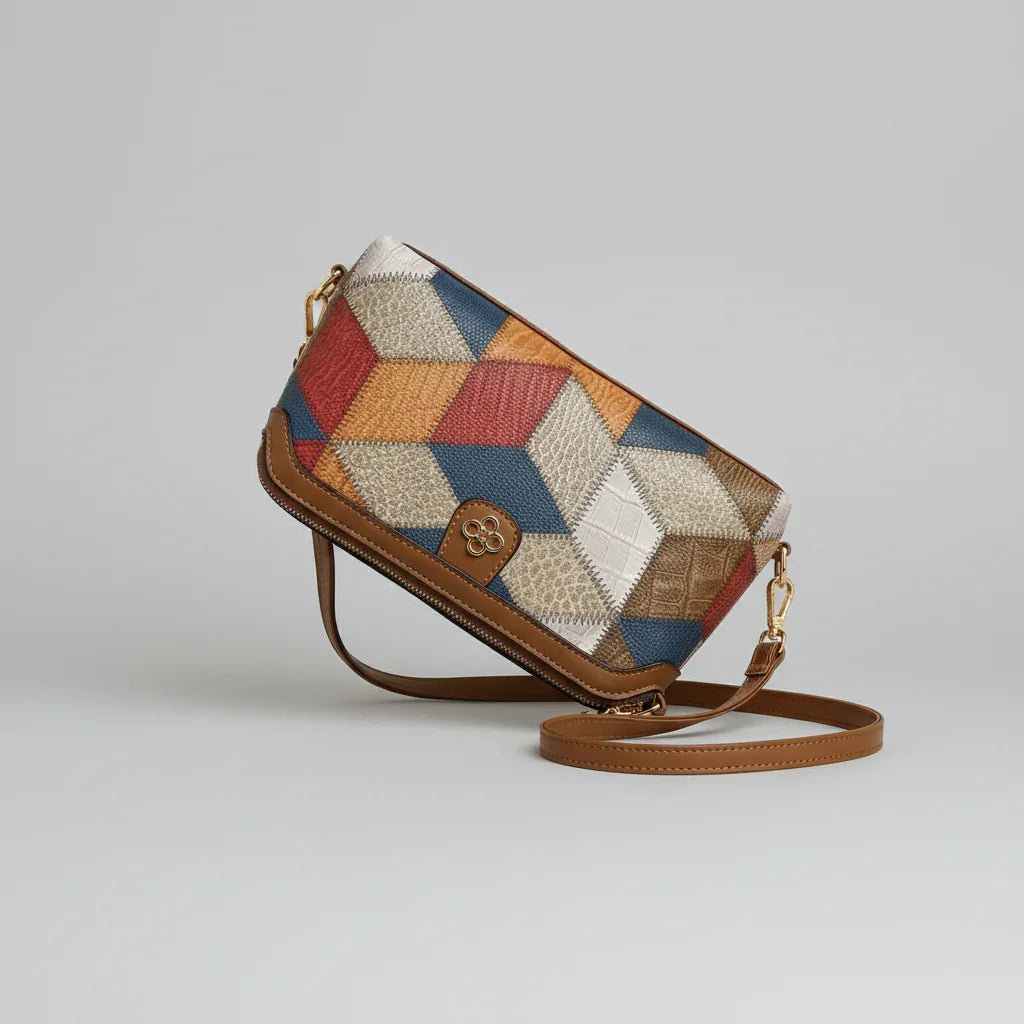 Geometric multicolor patchwork leather crossbody bag with brown strap on beige background