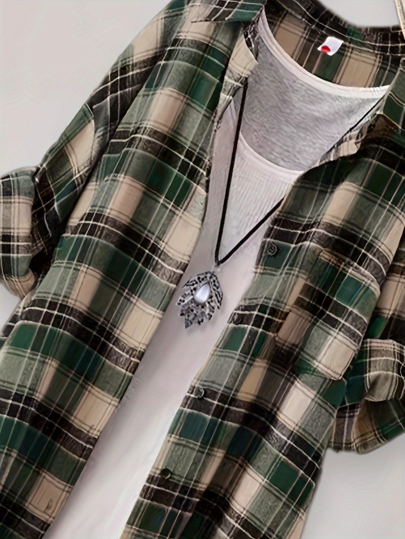 Plaid Button-Up Longline Shirt For Women - Cozy Style Rebooters Womens Shirts