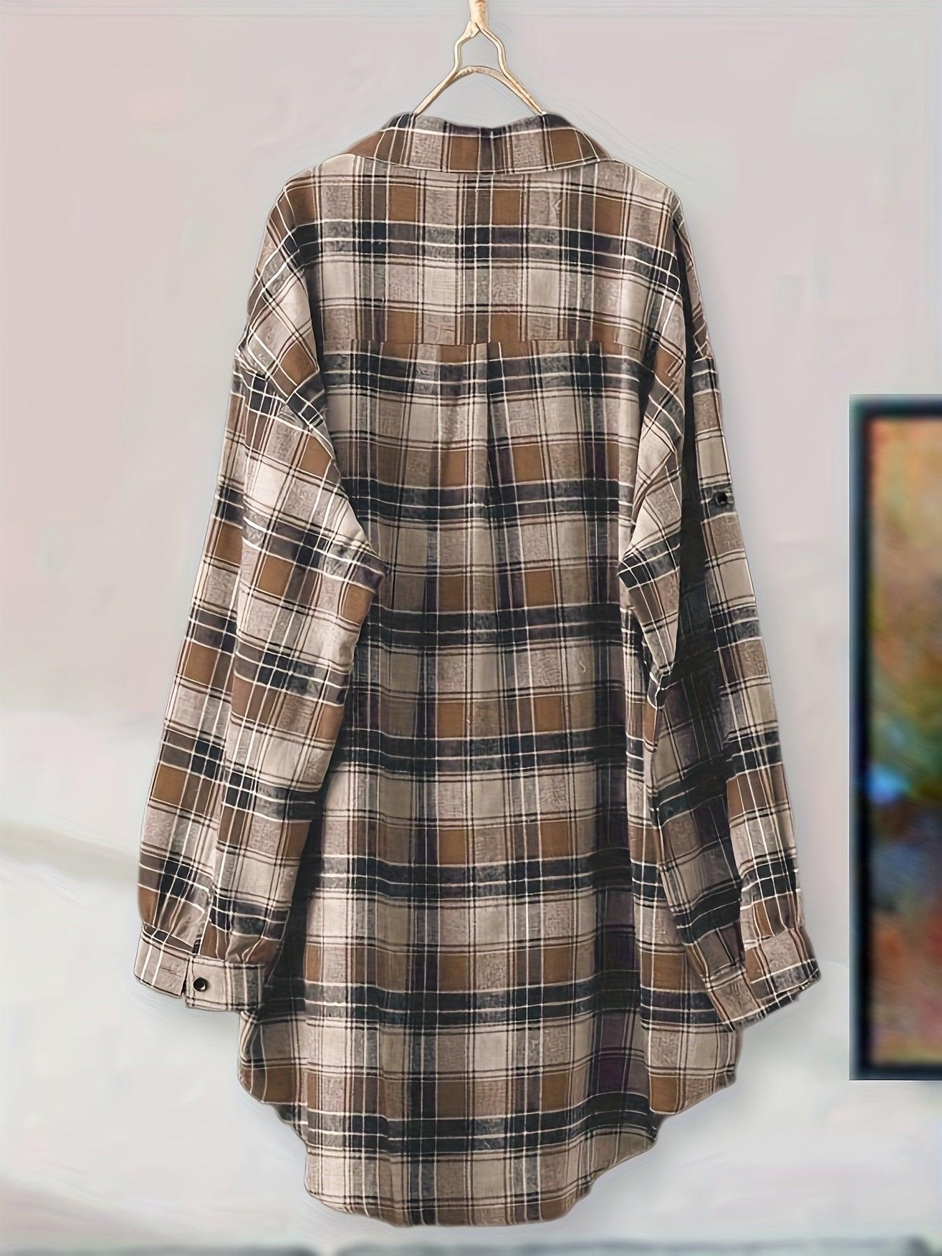 Plaid Button-Up Longline Shirt For Women - Cozy Style Rebooters Womens Shirts