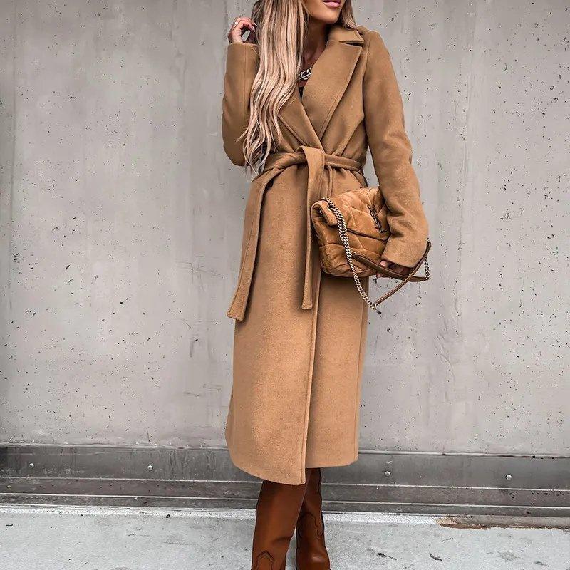 Womens Chic Longline Wool Coat with Stylish Belt Fashion Khaki - Rebooters