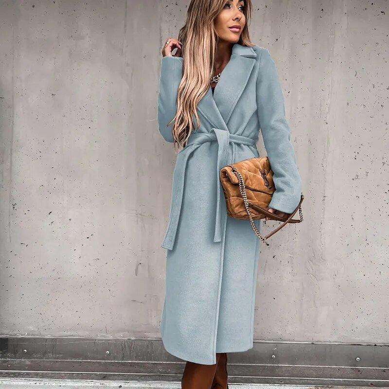 Womens Chic Longline Wool Coat with Stylish Belt Fashion Blue - Rebooters