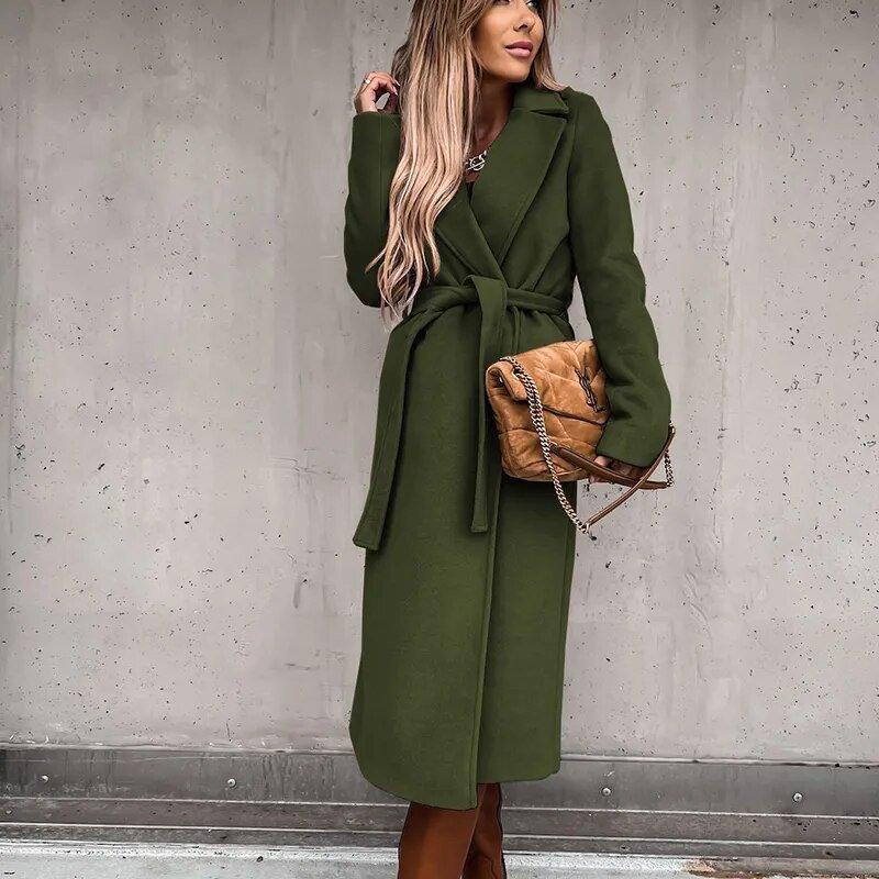 Womens Chic Longline Wool Coat with Stylish Belt Fashion Army Green - Rebooters