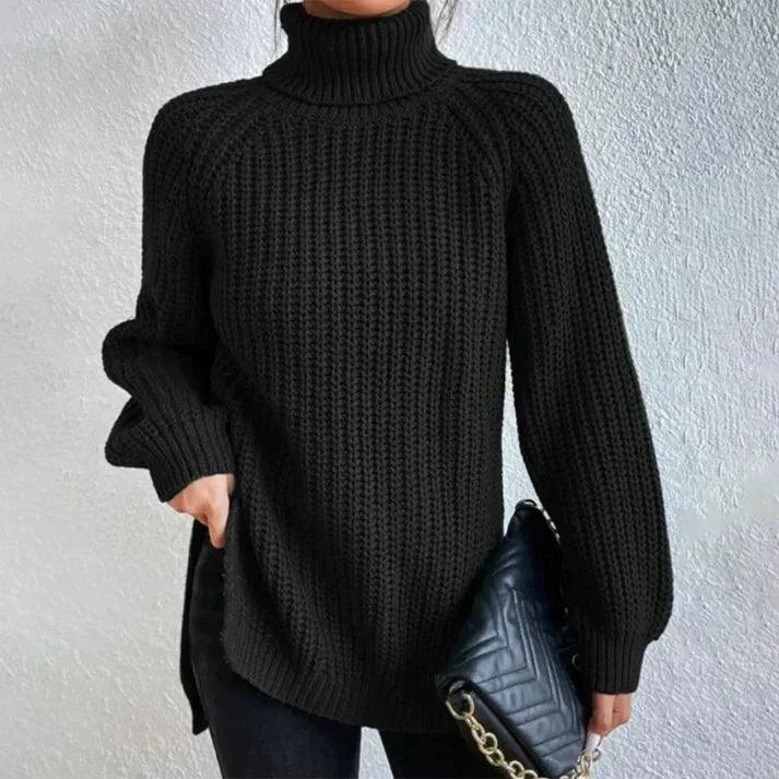 Womens Chic Black Knit Turtleneck Sweater for Cozy Style - Rebooters