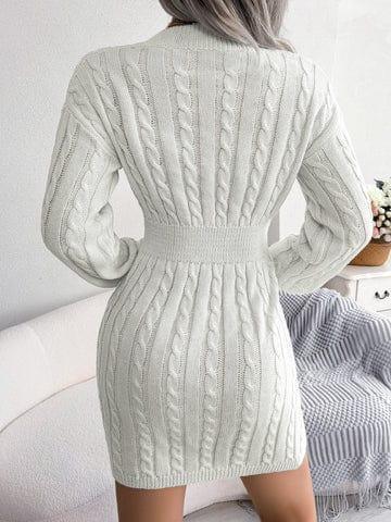 Womens Cable Knit Sweater Dress with V Neck Design - Rebooters -Women's Dresses