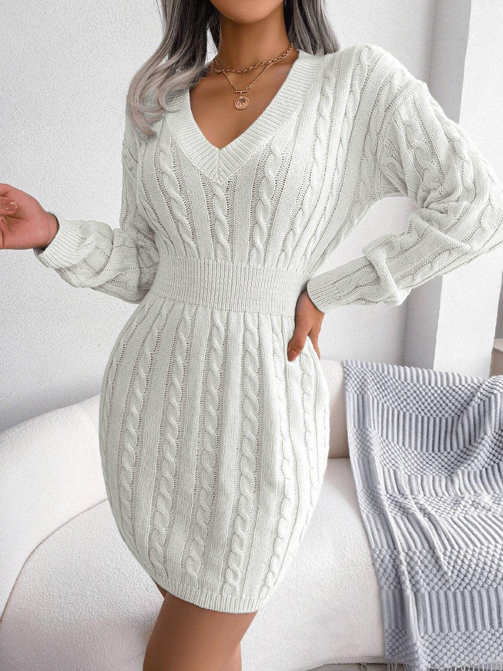 Womens Cable Knit Sweater Dress with V Neck Design - Rebooters -Women's Dresses