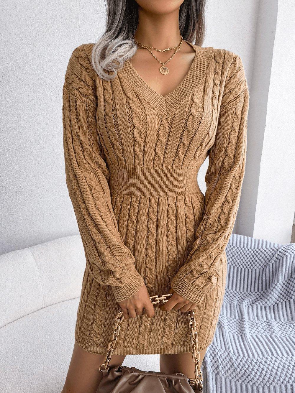 Womens Cable Knit Sweater Dress with V Neck Design - Rebooters -Women's Dresses