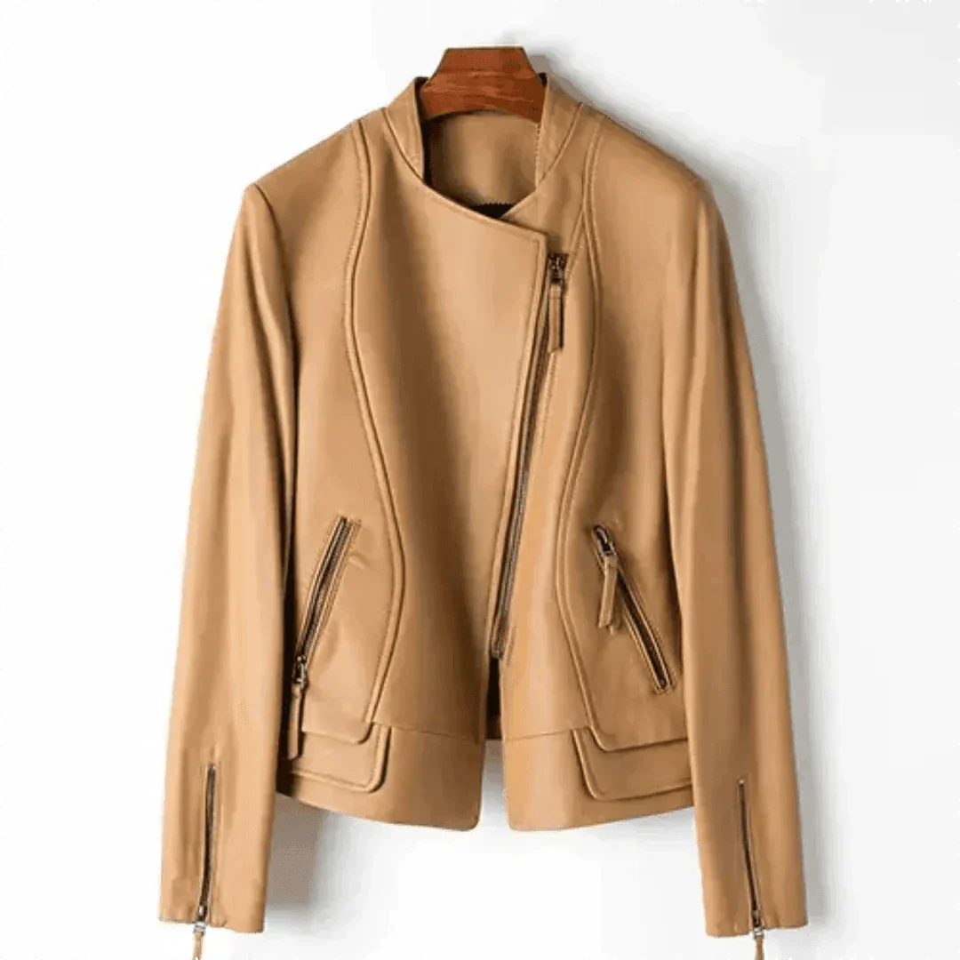 Womens Timeless Leather Biker Jacket for Bold Adventurer Beige - Rebooters