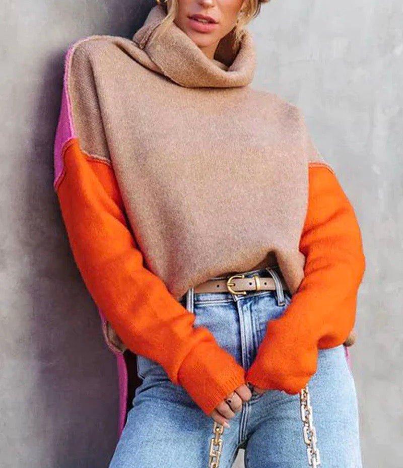 Womens Chic Colorblock Turtleneck Knit Sweater for Style - Rebooters