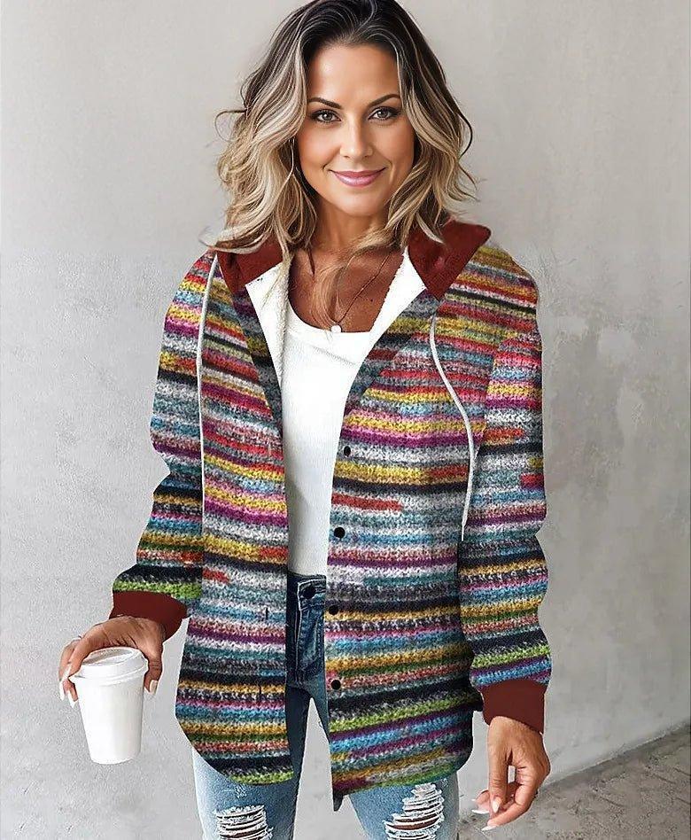 Womens Vibrant Striped Hooded Cardigan for Cozy Style - Rebooters