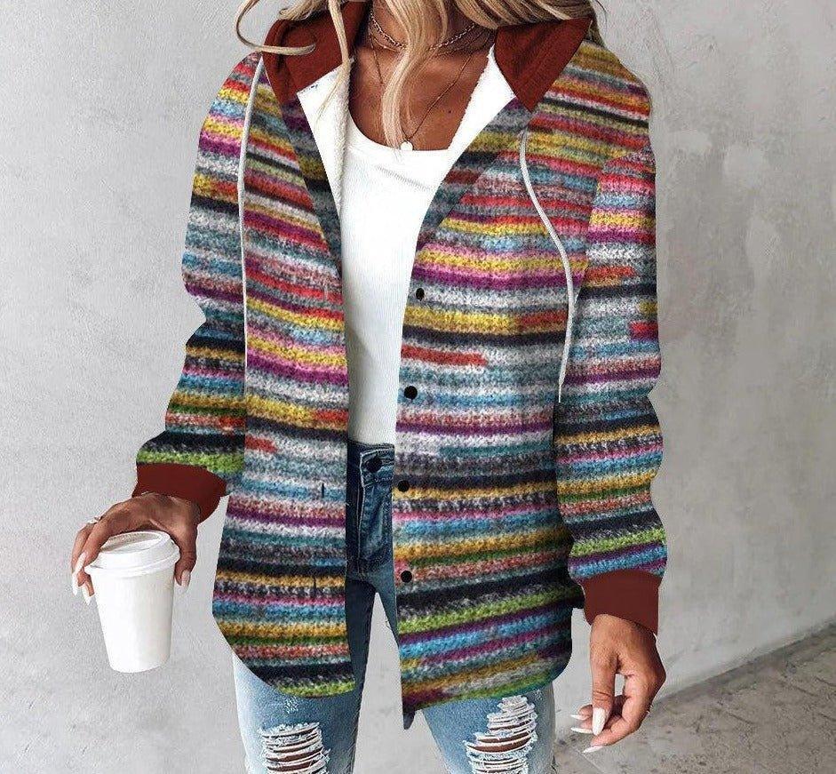 Womens Vibrant Striped Hooded Cardigan for Cozy Style - Rebooters