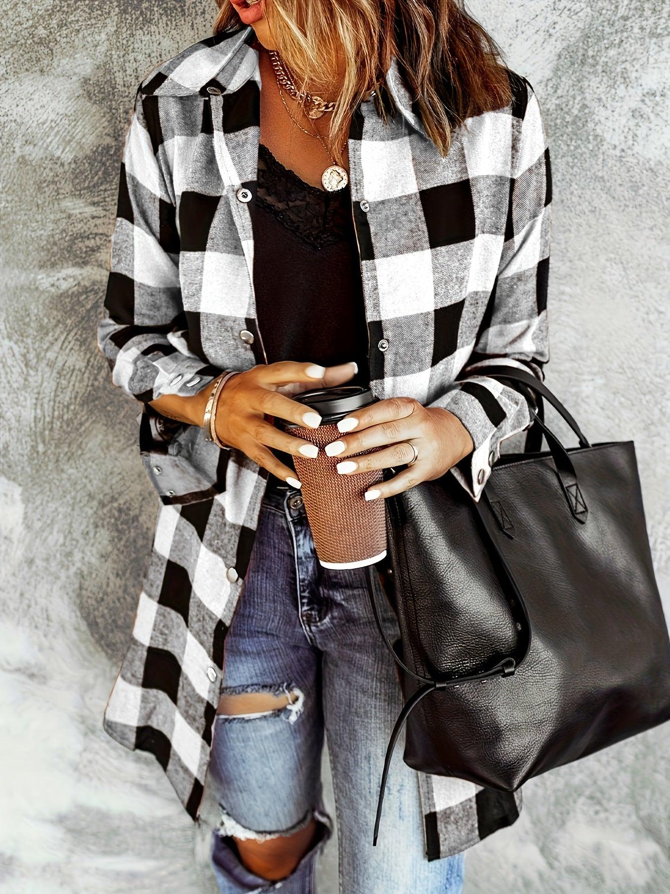 Plaid Button-Up Shirt Long Sleeves for Women - Cozy Style Rebooters Womens Shirts