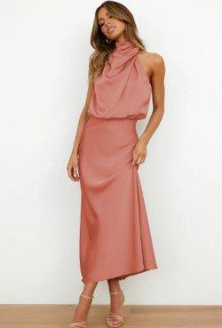 Womens Elegant Halter Neck Midi Dress for Formal Events - Rebooters -Women's Dresses