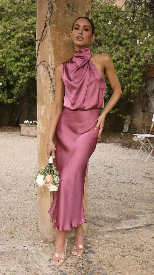 Womens Elegant Halter Neck Midi Dress for Formal Events - Rebooters -Women's Dresses