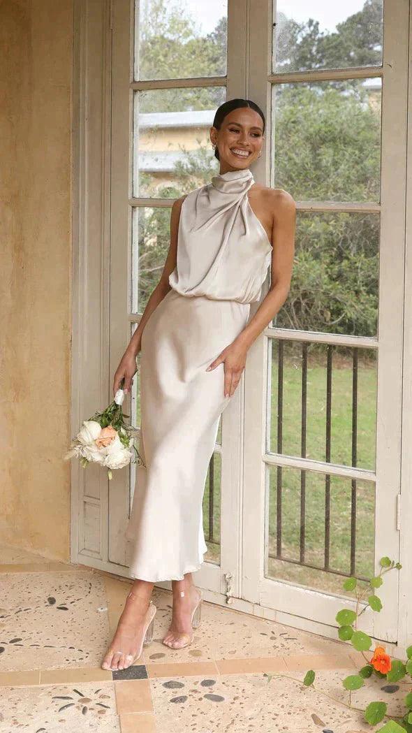 Womens Elegant Halter Neck Midi Dress for Formal Events - Rebooters -Women's Dresses