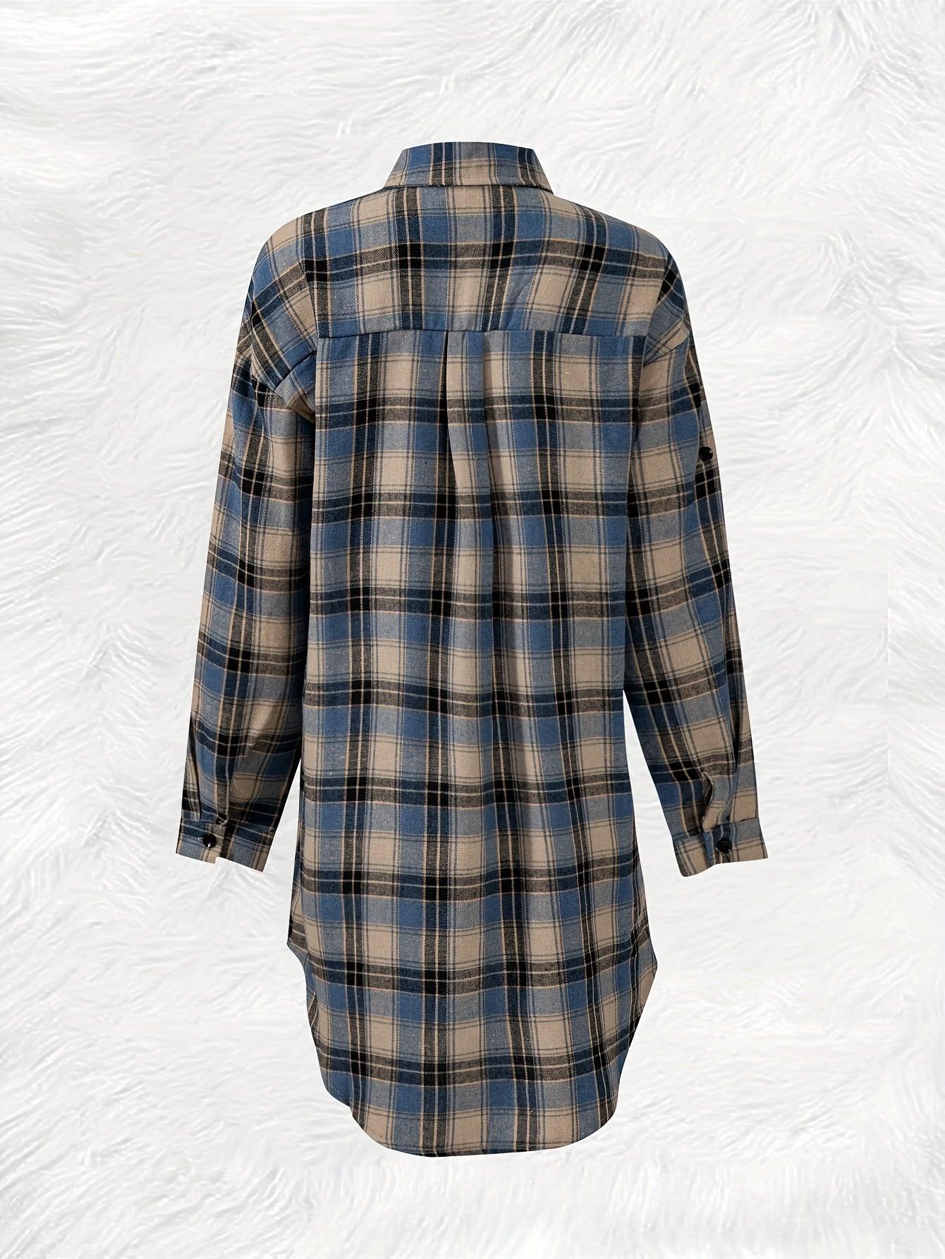 Plaid Button-Up Longline Shirt For Women - Cozy Style Rebooters Womens Shirts