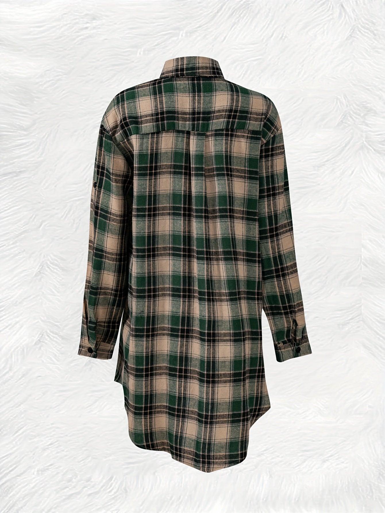 Plaid Button-Up Longline Shirt For Women - Cozy Style Rebooters Womens Shirts