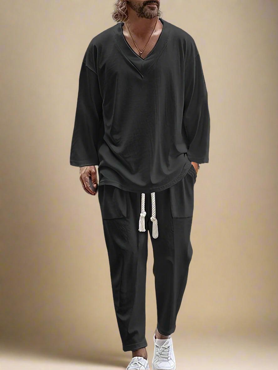 V Neck Long Sleeve Tops Set for Men Comfortable Casual Style Rebooters mens 2 piece set