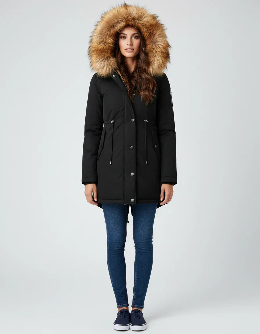 Womens Cozy Stylish Black Hooded Coat with Luxurious Fur Trim - Rebooters