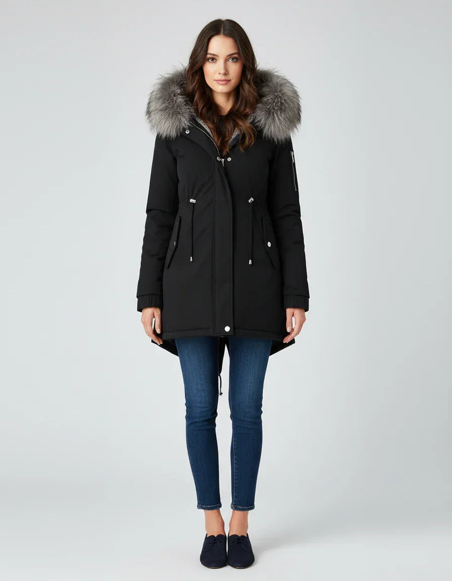 Womens Cozy Stylish Black Hooded Coat with Luxurious Fur Trim - Rebooters