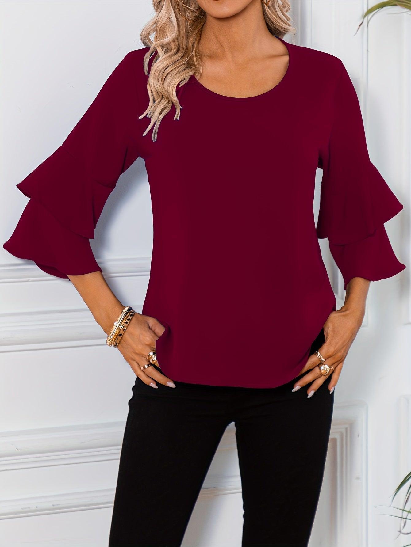 Ruffle Sleeve Blouse With Round Neckline For Women Rebooters Womens Shirts