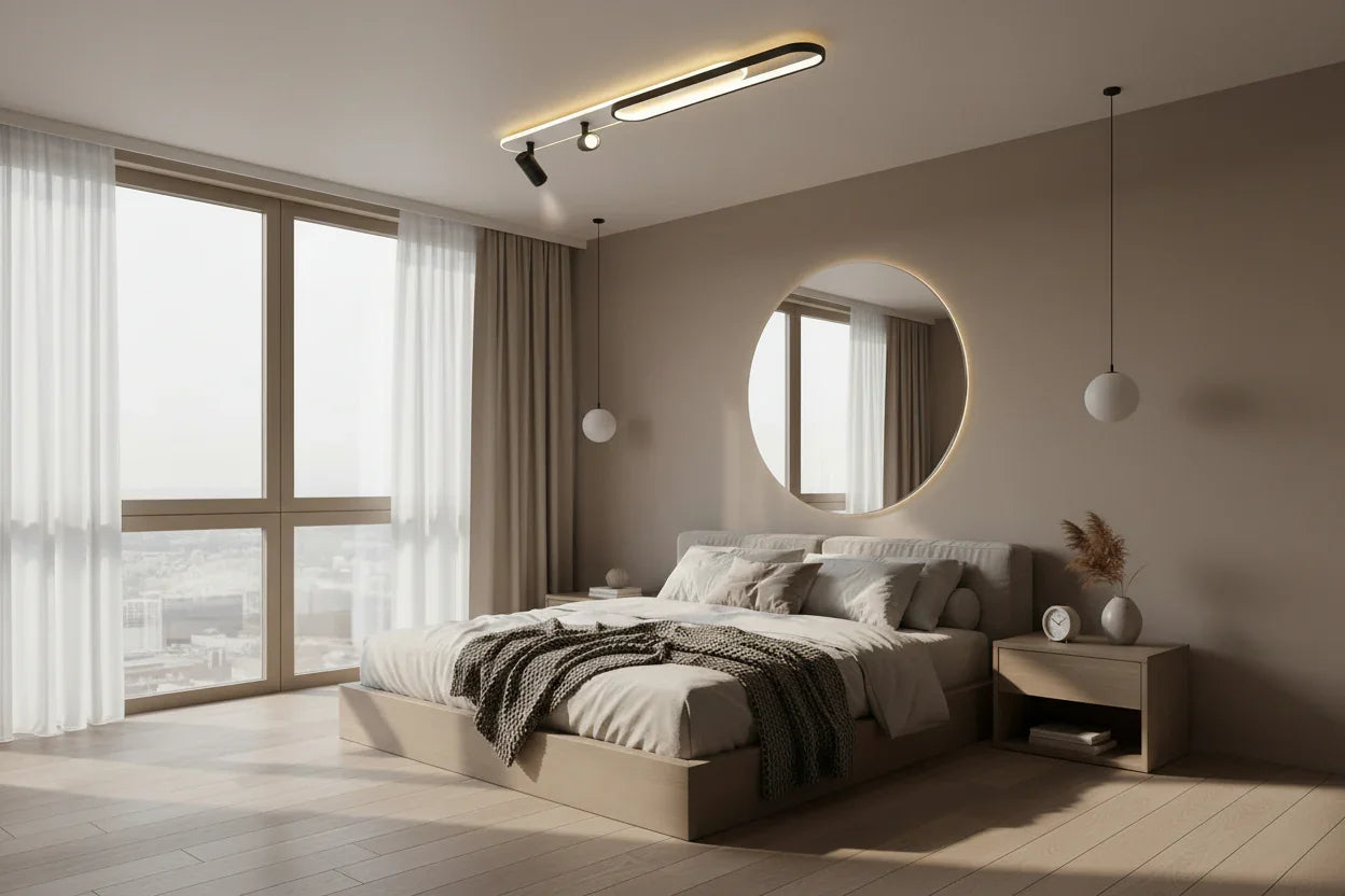 Modern bedroom with large windows, round mirror, and neutral color scheme.