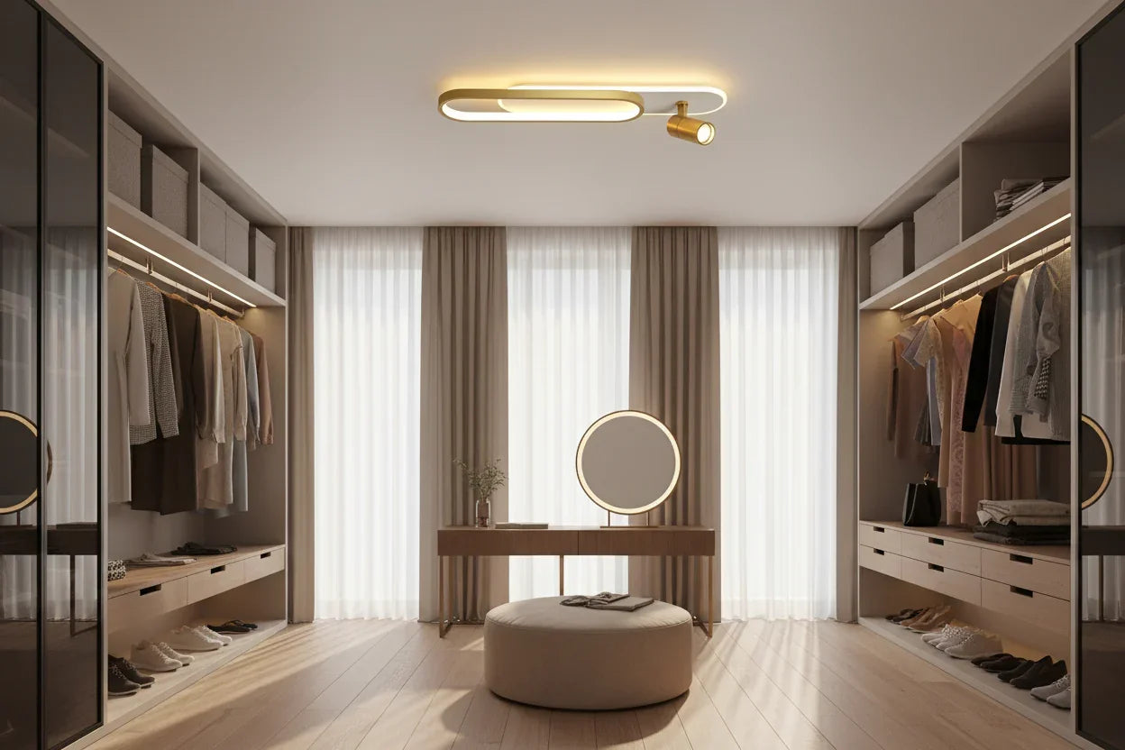 Ceiling light fixture in a room with clothing on a rack and a window.