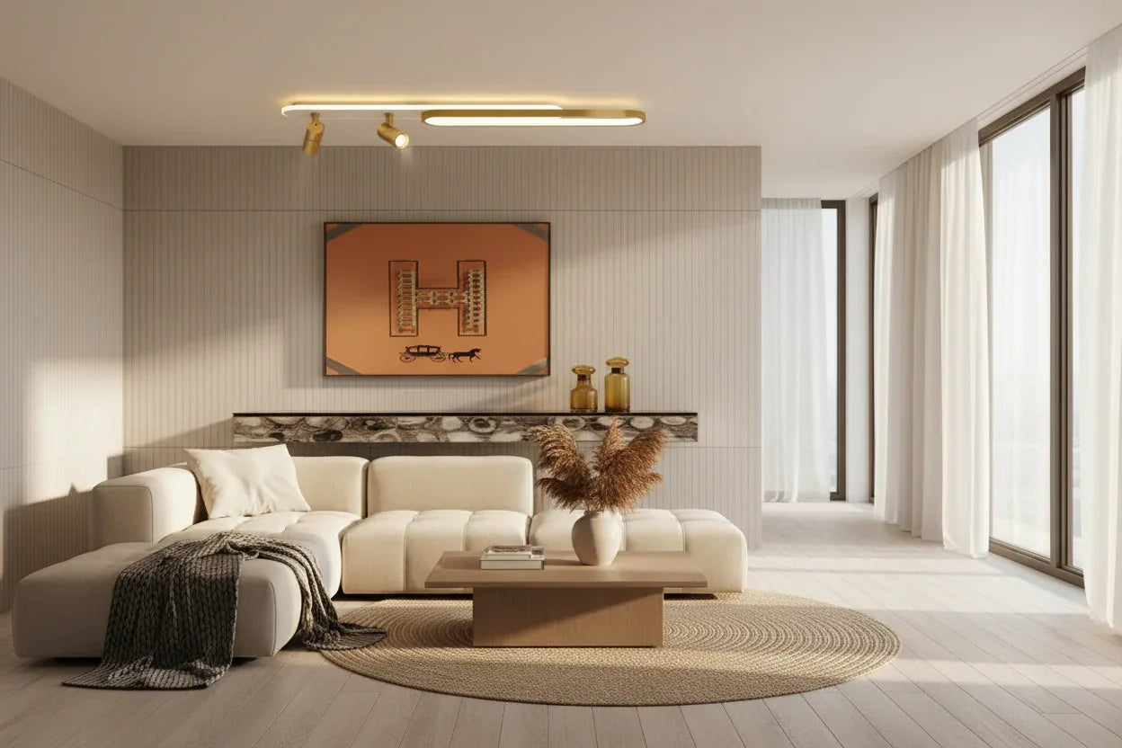 Modern living room with a white sofa, coffee table, and decorative elements.