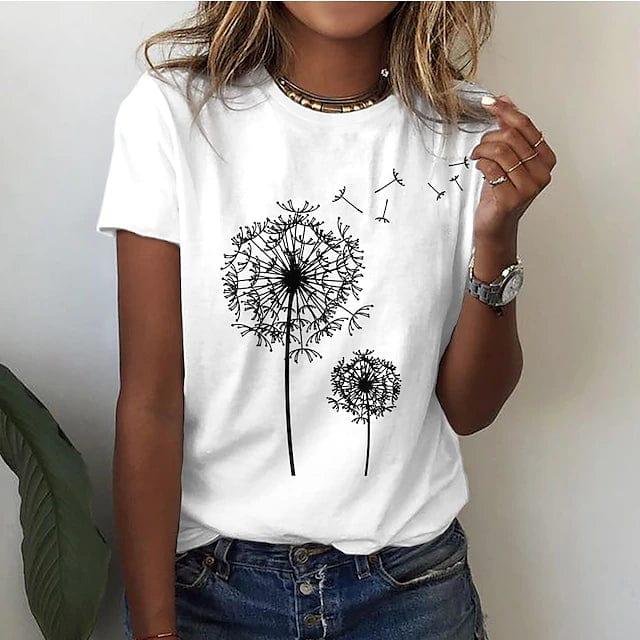 Women's Elegant Dandelion Print T-Shirt Cotton for Casual Style Rebooters Womens Shirts