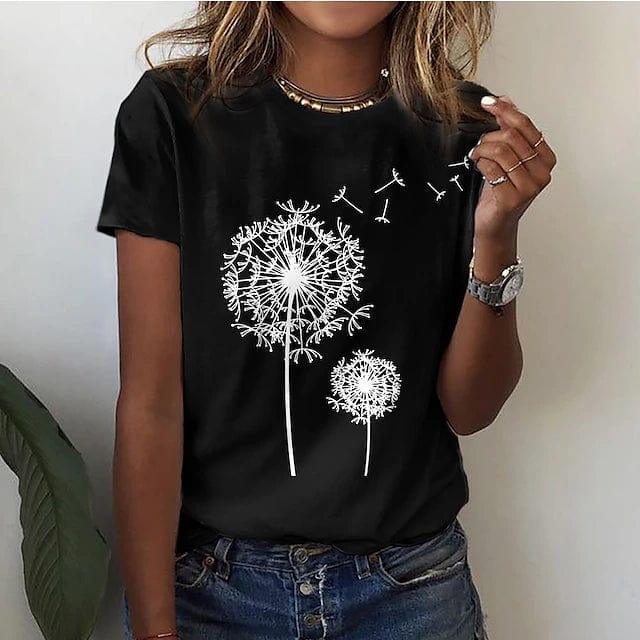 Women's Elegant Dandelion Print T-Shirt Cotton for Casual Style Rebooters Womens Shirts