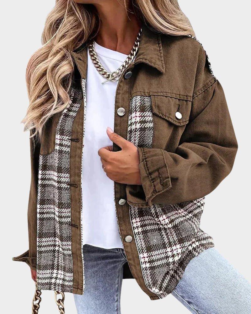 Womens Chic Plaid Patchwork Oversized Jacket for Style Brown - Rebooters