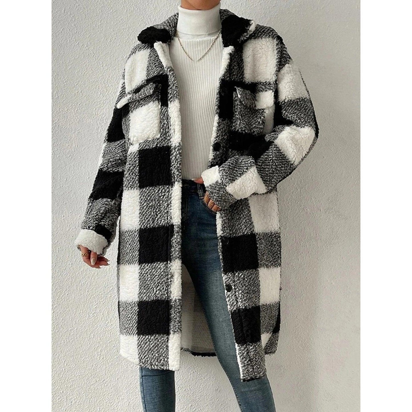 Womens Cozy Longline Sherpa Shacket in Stylish Plaid - Rebooters