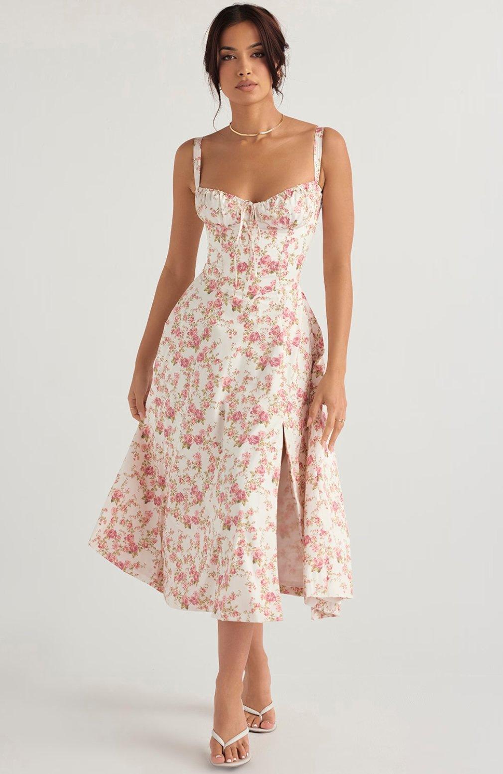 Isabella - Women's Rose Print Dress for Spring and Summer Events - Rebooters -Women's Dresses